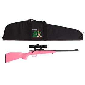 Keystone Sporting Arms Crickett 16.25" Single Shot Youth Rifle with pink stock, soft case, and rifle scope.